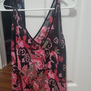 Black & Pink Floral Silk-Look V-Neck Tank